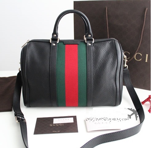Authentic Gucci Vintage Web Black Leather Boston Bag 247205
